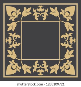 Flower gold decorative frame. An elegant element of design with the place for the text. Production of invitations, menu, cafe and boutiques. Vector.