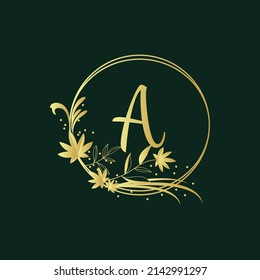 Flower gold frame template and monogram concept with letter A in minimal linear style. Vector floral logo .Emblem for Cosmetics, Fashion, Beauty