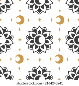 Flower gold pattern with moon geometry on white background. Magic poster. Texture, background, pattern.  Design element. Mystical vector illustration. 