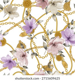 flor con el patrón dorado de las cadenas y de las cuerdas Vector inconsútil, y los accesorios del ornamento del metal background.for la moda de la tela textil y más.
