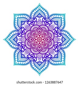 Flower gradient mandala. Circle ethnic ornament. Hand drawn traditional indian round element. Oriental meditation yoga henna theme. Unique print. Template 