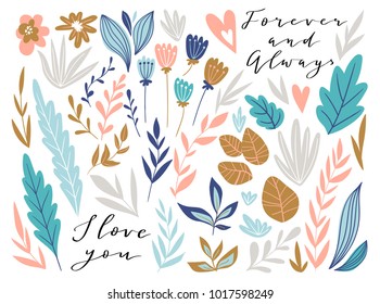 Flower graphic design for card and invitation. Vector set of floral elements with hand drawn flowers and love lettering. Cute wedding collection.