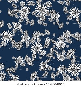 Flower graphic design. Cute seamless vector tile pattern. Retro vintage. line chamomile flowers design on black background.