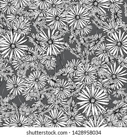Flower graphic design. Cute seamless vector tile pattern. Retro vintage. line chamomile flowers design on black background.