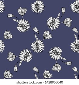 Flower graphic design. Cute seamless vector tile pattern. Retro vintage. line chamomile flowers design on black background.
