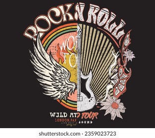 Flower graphic design. Rock and roll vector print design. Eagle wing and guitar music poster.