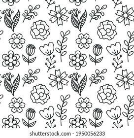Flower graphic design. Trendy creative seamless pattern with hand drawn flowers and leaves and abstract shapes. For printing for modern and original textile, wrapping paper, wall art design. eps 10