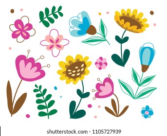Flower graphic design. Vector set of floral elements with hand drawn flowers. Collection set of doodle floral elements. Modern botany set isolated on white background.