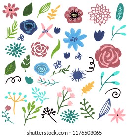 Flower graphic design. Vector set of floral elements with hand drawn flowers.