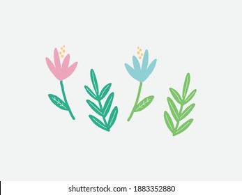 Flower graphic design. Vector set of floral elements with hand drawn flowers. Collection set of doodle floral elements. Modern botany set.