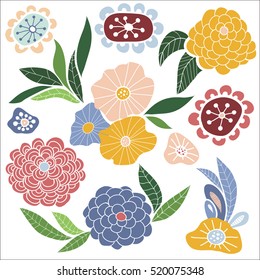 Flower graphic design. Vector set of floral elements with hand drawn flowers