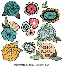 Flower graphic design. Vector set of floral elements with hand drawn flowers