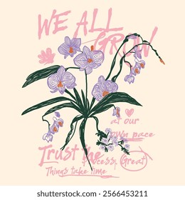 flower graphic in vector, Good Vibes text print. girls graphics. grunge texture. graffiti font . hand writing text. summer t shirt design. summer tropical flowers printed t-shirt design for mens 