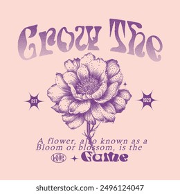 flower graphic in vector, Vintage Doted flowers print, grow the game slogan text print design, summer tropical flowers printed t-shirt design for men and women's