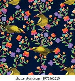 Flower graphic and Yellow bird on blue background seamless pattern.vector illustration