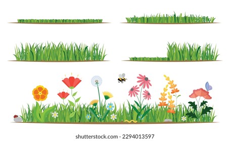 Flower and grass flat icon set and illustration. Various colorful garden and field flowers and mowed and unmowed grass.