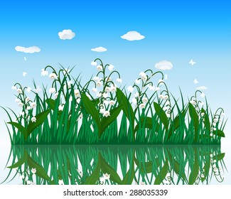 Flower with grass on water surface with reflection. EPS 10 vector illustration with transparency.