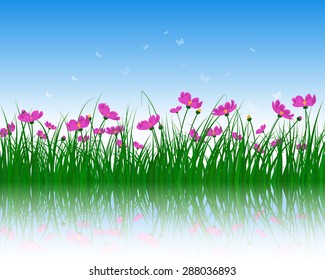 Flower with grass on water surface with reflection. EPS 10 vector illustration with transparency.