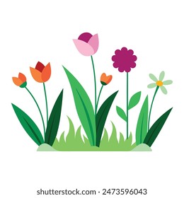 
Flower and grass set , minimal flat illustration on white background
