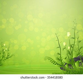 Flower and grass spring with water drop on green background