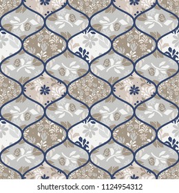 Flower gray beige seamless vector pattern with blue fence tiles.
