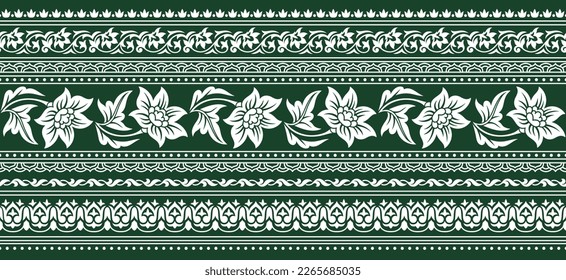 Flower green border. Asian seamless pattern, repeating design element for printing on fabric. Horizontal abstract banner. Silhouettes of plants on green backdrop. Cartoon flat vector illustration