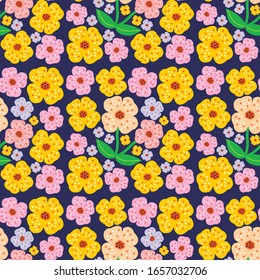 flower with green leaves seamless pattern vector for wallpaper, wrapping and bags. floral endless fabric on dark background. Yellow and pink color flower with dots.
