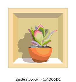 A flower with green and pink leaves. Shoots in an orange pot. Indoor plant on the shelf for the interior. Icon. Isolated object. Vector illustration