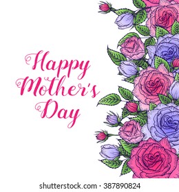 Flower greeting card. Vintage floral frame. Bouquet of lilac and pink rose. Vector illustration. Floral design for wedding, card, invitation, mother's day, birthday, holiday