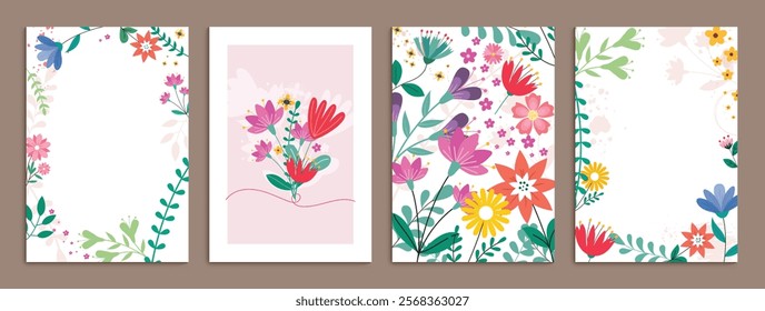 Flower greetings card clipart background set. Spring flowers drawing clip art in watercolor flat elements for wallpaper and invitation card collection. Vector illustration floral poster set. 
