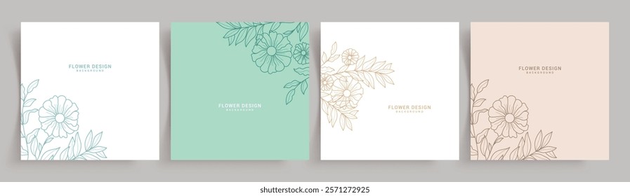 Flower greetings card clipart poster set. Spring flowers in outline drawing background collection for invitation and wallpaper clip art collection. Vector illustration floral simple template. 
