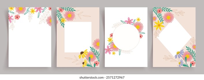 Flower greetings card clipart poster set. Spring flower drawing template with border and frame for invitation, wishes and wallpaper clip art collection. Vector illustration spring floral card design. 