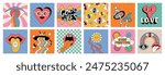 Flower groovy cards. Retro stickers. Emoticon crazy face. Smiling heart. Mouth with sticking out tongue. Psychedelic love. Grid pattern. UFO rainbow. Happy cartoon characters. Vector funky posters set