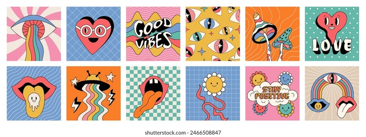 Flower groovy cards. Retro stickers. Emoticon crazy face. Smiling heart. Mouth with sticking out tongue. Psychedelic love. Grid pattern. UFO rainbow. Happy cartoon characters. Vector funky posters set