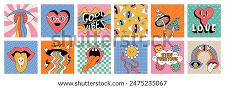 Flower groovy cards. Retro stickers. Emoticon crazy face. Smiling heart. Mouth with sticking out tongue. Psychedelic love. Grid pattern. UFO rainbow. Happy cartoon characters. Vector funky posters set