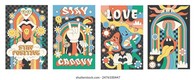 Flower groovy retro poster. Psychedelic 70s smile face. Cartoon rainbow sticker. Hallucination mushroom. Good love power. Happy peace character. Mouth with tongue. Vector abstract banners design set