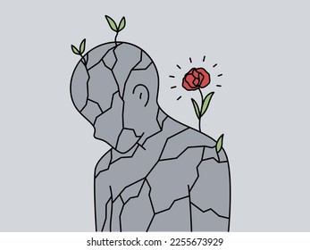 Flower growing on stone person suffering from loneliness or solitude. Broken human sculpture with rose blooming. Concept of life and hope. Rebirth. Vector illustration. 