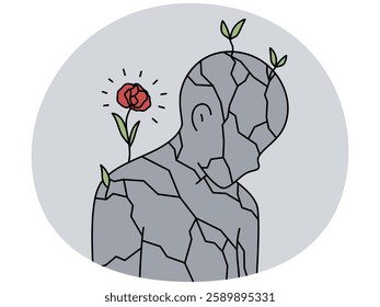 Flower growing on stone person suffering from loneliness or solitude. Broken human sculpture with rose blooming. Concept of life and hope. Rebirth. Vector illustration.