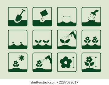 Blumenpflanzensatz, Pflanzensymbole für Blumensamenpackung, grüner Vektorsymbol-Satz, jährliche Zeitlinie