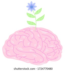 
A flower grows from the human brain. Colorful vector illustration in flat style.