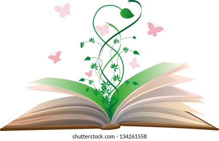 Flower grows out of the books on a white background.