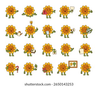 Flower guide eco character set with various cartoon plant poses and educational elements for environmental awareness and nature protection for yours illustration and creative designs projects