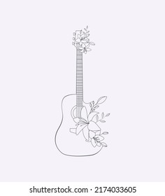 Flower Guitar Flat Hand Drawn Line Art Illustration Musical Instrument Art