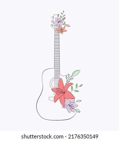 Flower Guitar Flat Hand Drawn Line Art Illustration Musical Instrument Vector Art