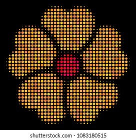 Flower halftone vector icon. Illustration style is dotted iconic flower symbol on a black background. Halftone structure is constructed from spheric pixels.