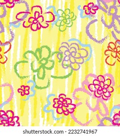 Flower Hand Draw Crayon Vector  illustration Seamless Pattern Pint On Color Background 