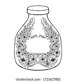 Flower hand draw motif style in the bottle vector illustration coloring for adult and can write words in the opening.