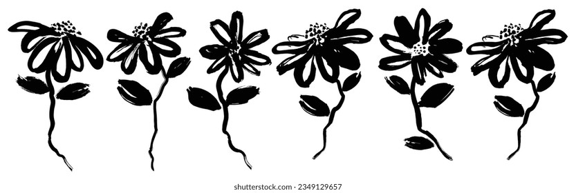 flower hand drawn black paint vector set with brush texture.