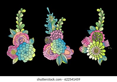 Flower hand drawn collection, succulent, rose and leaf vector. Hand drawn floral set isolated on black background. Elements for card design