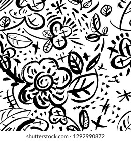 Flower hand drawn ink seamless patterns. Floral elements for design. White background.